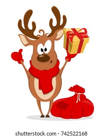 Merry Christmas greeting card with funny reindeer standing near bag with presents and holding gift box. Vector illustration on white background