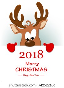 Merry Christmas greeting card with funny reindeer hiding behind placard with greetings. Vector illustration on white background