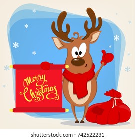Merry Christmas greeting card with funny reindeer standing near bag with presents and holding scroll with greetings. Vector illustration on blue background with snowflakes.
