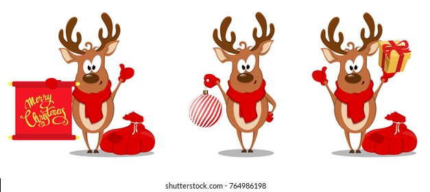 Merry Christmas greeting card with funny reindeer. Set of three vector illustrations isolated on white background.