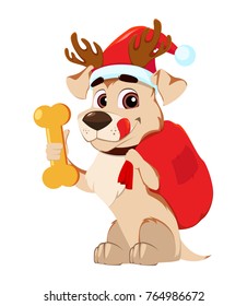 Merry Christmas greeting card. Funny dog wearing Santa Claus hat and deer antlers holding bag with gifts and tasty bone. Vector illustrations.