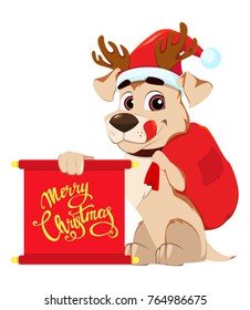 Merry Christmas greeting card. Funny dog wearing Santa Claus hat and deer antlers and holding scroll with greetings and bag with gifts. Vector illustration on white background.