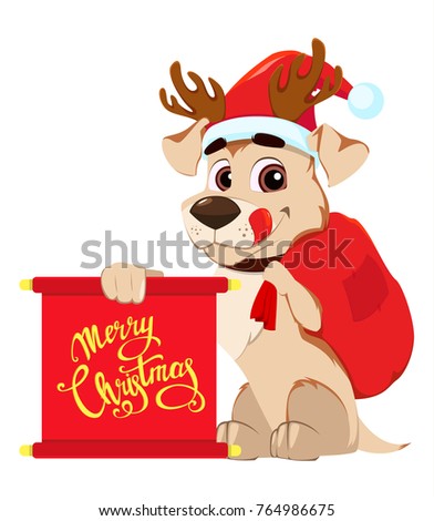 merry christmas greeting card funny dog wearing santa claus hat and deer antlers and holding - Funny Merry Christmas Greetings merry christmas greeting card funny dog wearing santa claus hat and deer antlers and holding - Funny Merry Christmas Greetings
