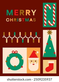 Merry Christmas Greeting Card with Geometric Colorful Elements, vector illustration