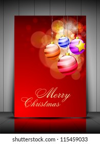 Merry Christmas greeting card, gift card or invitation card with decorative Xmas balls on snowflakes background. EPS 10.