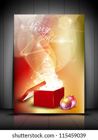 Merry Christmas greeting card or gift card with sparkling Xmas tree coming out from red gift box and beautiful decorated eve balls. EPS 10.