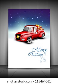 Merry Christmas greeting card, gift card or invitation card with Santa riding car loaded with gifts. EPS 10.