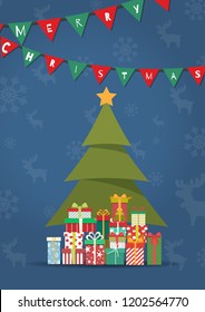 Merry Christmas greeting card with a lot of gift boxs under christmas tree. Vector Illustration.