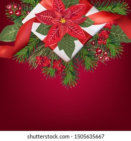 Merry Christmas greeting card with gift box and xmas tree on red gradient background with copyspace. Poster holiday design template Christmas decoration fir tree, poinsetia