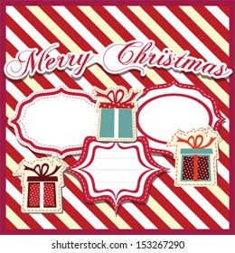 Merry Christmas greeting card with gift boxes and vintage labels