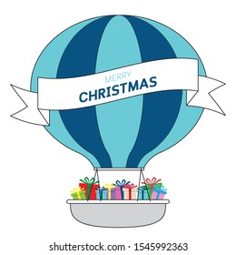 Merry Christmas greeting card with gift boxs in hot air balloon.