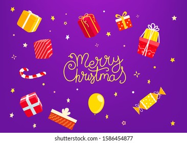 Merry christmas greeting card with gift boxes 