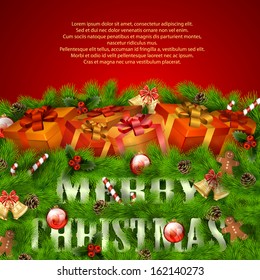 Merry Christmas greeting card with gift boxes and Xmas decorations. Vector eps10 illustration