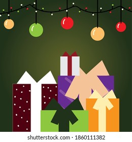 merry christmas greeting card gift boxes balls lights decoration vector illustration