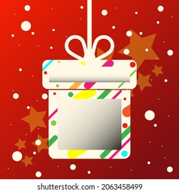   Merry Christmas greeting card, Christmas gift box with ribbon, bow, and snow star banner vector illustration