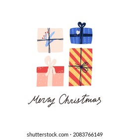 Merry Christmas greeting card with gift boxes and hand drawn text, flat vector illustration on white background.