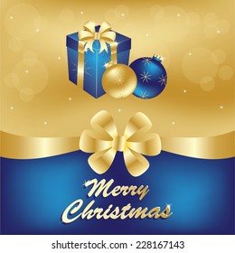 Merry Christmas greeting card with gift box and ribbon