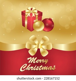 Merry Christmas greeting card with gift box and ribbon