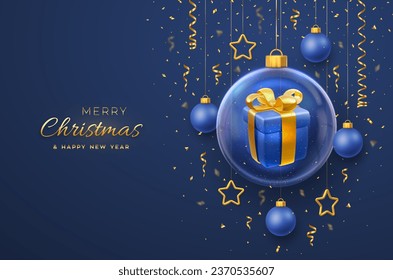 Merry christmas greeting card. Gift box with golden bow in a glass bauble. Christmas blue background with hanging gold stars and balls. Holiday Xmas, New Year banner, flyer. Vector Illustration.