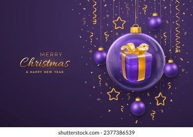 Merry christmas greeting card. Gift box with golden bow in a glass bauble. Christmas purple background with hanging gold stars and balls. Holiday Xmas, New Year banner, flyer. Vector Illustration.