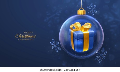 Merry christmas greeting card. Gift box with golden bow in a transparent glass bauble. Christmas blue background with shining ice showflakes. Holiday Xmas, New Year banner, flyer. Vector Illustration.