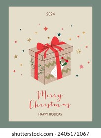 Merry Christmas greeting card with gift boxes. Hand Drawn Doodle present boxes. Vector illustration. Design for poster, party invitation, brochure or flyer template with holiday presents.