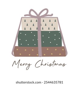 Merry Christmas greeting card. Christmas gift isolated on white background. Christmas gift tag. Christmas social media post vector illustration.