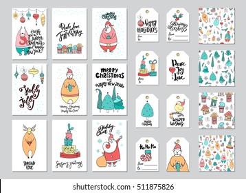Merry Christmas greeting card and gift tag set with cute bear, santa, deer, gifts, noel and lettering. 4 seamless patterns.
