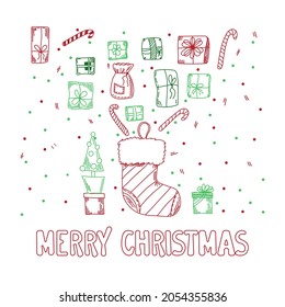Merry christmas greeting card with gifts and a sock for them. Vector illustration hand drawn doodle.