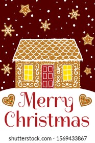 Merry Christmas greeting card with gingerbread house