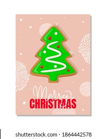 Merry Christmas greeting card, gingerbread green Xmas tree cookie with snowflakes on pink background. New Year postcard with snow elements, and balls