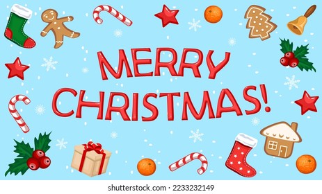 Merry Christmas greeting card, gingerbread man, gift box, holly berries, Christmas sock,  bell and candies as celebration symbols, vector illustration.