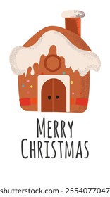 Merry Christmas Greeting Card with gingerbread house on white background with text
