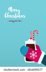 Merry Christmas greeting card. Girl in red mittens is holding big glass mug with hot chocolate on blue snowy backdrop. Vector illustration in flat design 