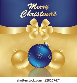 Merry Christmas greeting card with glass ball and ribbon