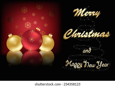 Merry Christmas greeting card with glass balls Christmas tree