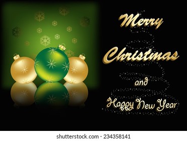 Merry Christmas greeting card with glass balls Christmas tree