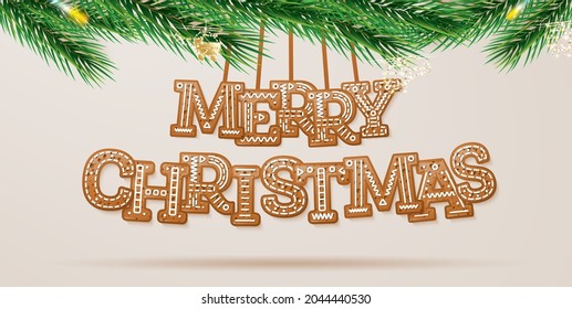 Merry Christmas. Greeting Card with Glazed Text in Cookie Style and Green Fir Branch. Happy New Year 2022 with Gingerbread Letters. Vector Illustration. 