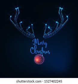 Merry Christmas greeting card with glowing low polygonal deer antlers and red decorative ball as a nose and text on dark blue background. Modern wire frame mesh design vector illustration.