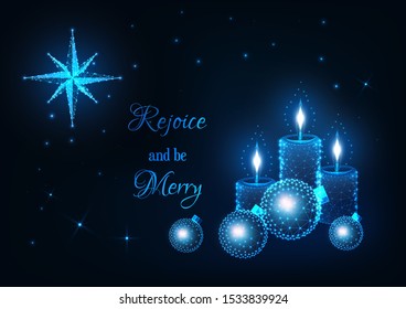 Merry Christmas greeting card with glowing low polygonal candles, decorative baubles, Bethlehem star and text rejoice and be merry on dark blue background. Modern wire frame design vector illustration