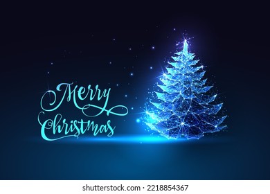 Merry Christmas greeting card with Glowing spruce tree in futuristic glowing polygonal style on dark blue background. Modern abstract wireframe connection design vector illustration