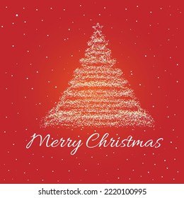 Merry Christmas greeting card with glowing Christmas tree on red background, Merry Christmas card with Christmas tree made of snow and snowfall background 