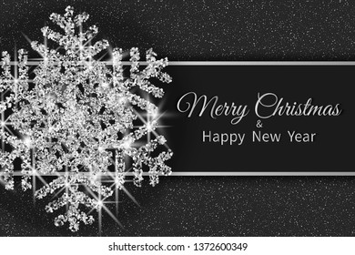 Merry Christmas greeting card. Gold snowflake and glitter on dark background. Merry Christmas and Happy New Year text. Vector Illustration.