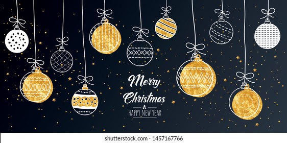 Merry Christmas greeting card gold with modern baubles. Vector illustration.
