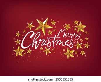 Merry christmas greeting card with gold stars, handwritten text and sparkles. Red background vector