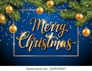 Merry Christmas greeting card. Gold lettering on dark blue background with fir branches, golden balls and confetti. Vector illustration.