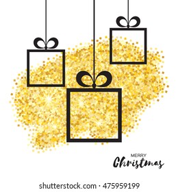 Merry Christmas Greeting card. Gold glittering background with origami frame Gift box. Merry Christmas for flyer, poster, banner, web, header. Invitation Template. Place for your Text.