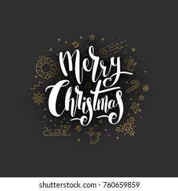 Merry Christmas greeting card with gold elements on dark background. Typography for Christmas and winter holidays. Calligraphic vector illustration.