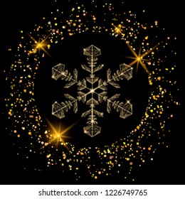 Merry Christmas greeting card with golden polygonal snowflakes and golden sand around. Bright postcard for holiday. Vector illustration on dark background