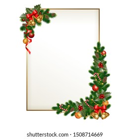 Merry christmas greeting card with golden frame, decorations and place for message. Christmas background with garland of spruce and holly. Vector illustration